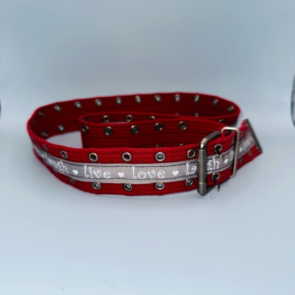 Red belt with ❤️live💜love♥️laugh ribbon. 1.5” wide x 39.5” and super adjustable - Picture 10 of 10